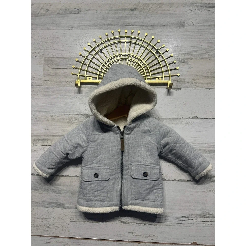 Carter's‎ Sherpa Lined Hooded Jacket Boys 9M Grey Zip Up Winter Coat EUC